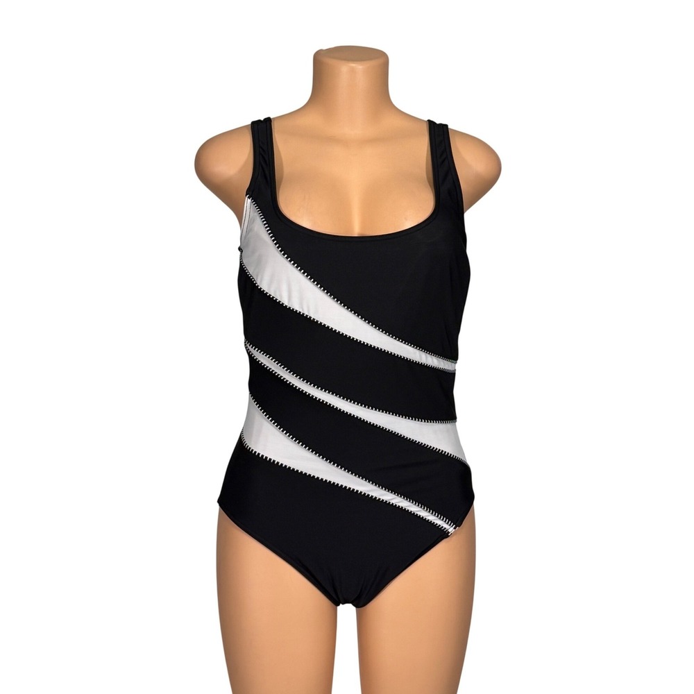 Miraclesuit Womens Black White Colorblock Diagonal Stripe One Piece Swimsuit